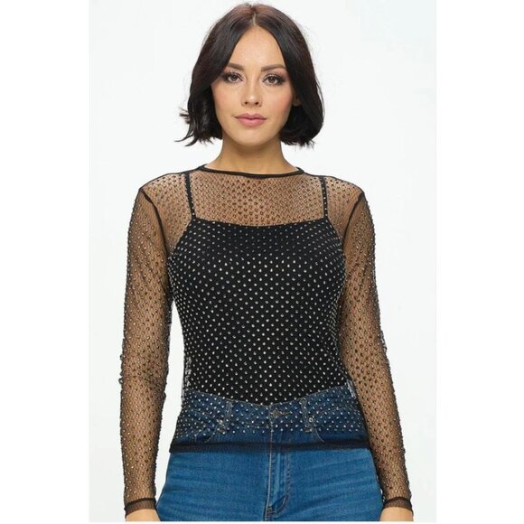 Size Small SEXY‎ BLACK MESH SHEER EMBELLISHED GOLD STUD TOP Dressy Evening Club - Picture 1 of 8